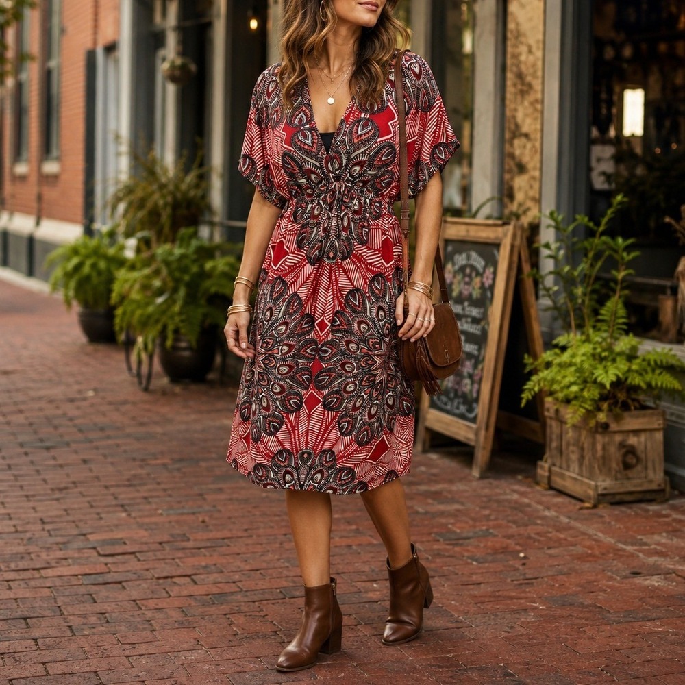 New Directions Small Red Paisley Boho Faux Wrap Kimono Sleeve Dress Stretch
